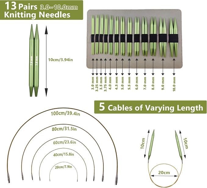 4-inch Knitting Needles Set, 13 Pairs Interchangeable Circular Knitting Needles Set Aluminum 3-10mm with 5 Cables, Knitting Accessories and Case, Green