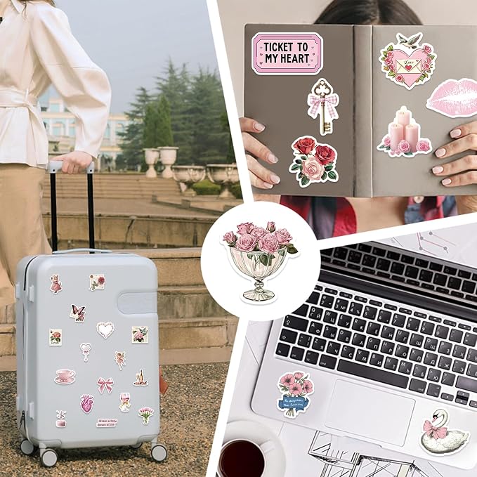 100pcs Vintage Pink Girls Stickers Coquette Pink Aesthetic Stickers for Water Bottles,Laptop Scrapbook Waterproof Computer Phone Guitar Aesthetic Decals
