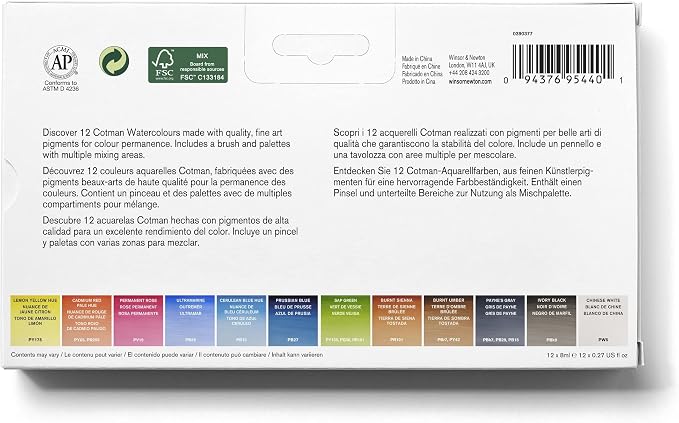 Winsor & Newton Cotman Watercolor Paint Set, 12 x 8ml Tube Travel Set | Watercolor Paint made with Fine Art Pigments, Transparent Color, Lightfast & Permanent, Good Tinting Strength