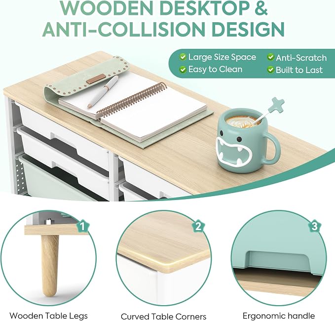TOOLF 12 Drawers Storage Cabinet with Wooden Top and Plastic Bins,Green | Toy Shelf Storage Chest Cubby Organizer, for Home, Office, Playroom, Classroom & Craft Room