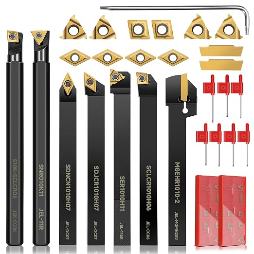 Indexable Lathe Turning Tool 21Pcs Kit 3/8'' 10mm Shank 7Pcs Metal Lathe Tools Holder Set with 14Pcs Turning Inserts for Turning Grooving Threading Boring Carbide Inserts Carbide Turning Tool