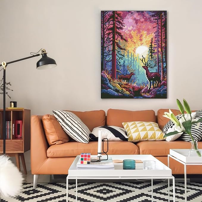 Diamond Art Kits for Adults, Sunset DIY 5D Diamond Painting for Beginners | 12x16 Inch, Full Drill Round Dots, Rainbow Forest Deer Gem Art Craft Kits, Home Wall Decor, Stress Relief Relaxing Hobby Gift