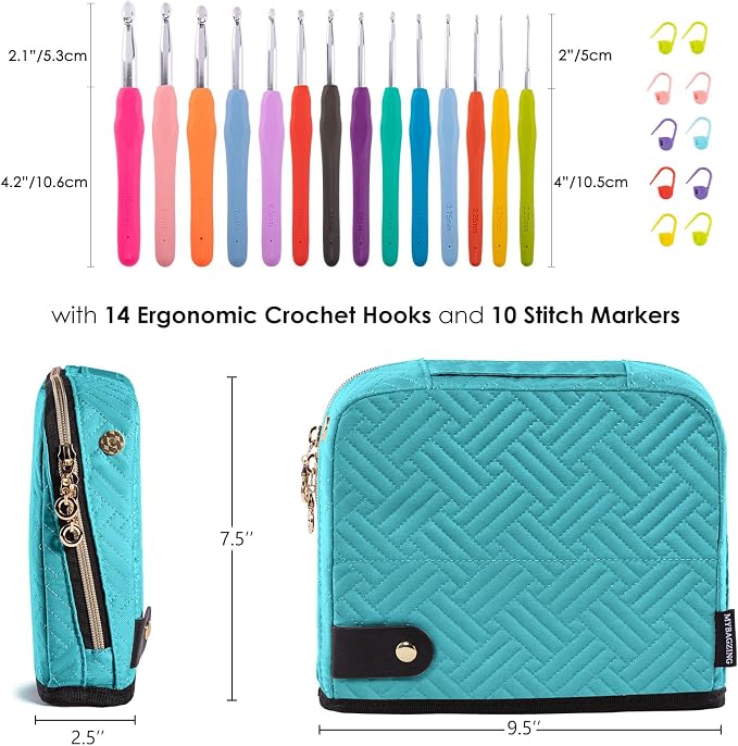 MYBAGZING Crochet Hook Case with 14 Size Crochet Hooks Set 2mm(B)-10mm(N) Ergonomic Crochet Hooks with Crochet Case Stand Up - Crochet Hook Organize for Crochet Lovers, Crochet Kit for Beginners