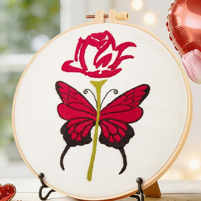 Butterfly Rose Embroidery Kits for Beginners Adults, Valentine's Day Hand Embroidery Kits, Cross Stitch Kits for Adult Anniversary Valentine's Gifts, Entire Set of Embroidery Supplies & Video Tutorial