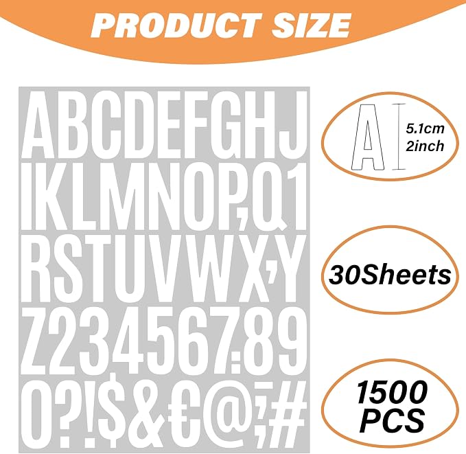 Letter Stickers 30 Sheets 1500 PCS Large 2 Inch Alphabet Stickers, White
