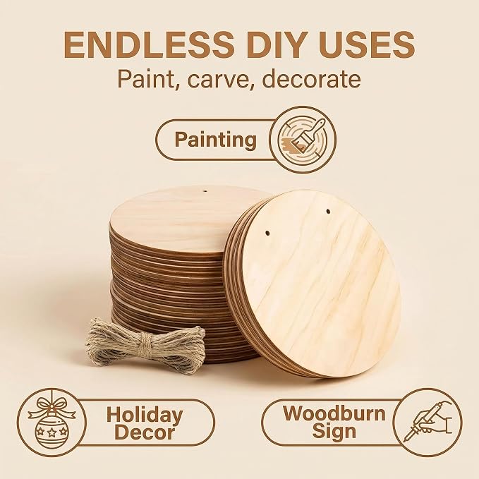 10 Pack Blank Unfinished Round Wood DIY Crafts Signs 2mm Basswood Sheets for Laser Cutting 12 Inch Wooden Door Hanger Sign DIY Painting Halloween