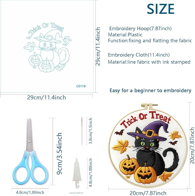 Zhenqing Halloween Black Cat Embroidery Kit for Beginners, Trick or Treat Witch Cat Needlework Kit with Pre-Printed Cotton Fabric, Hoop, Threads & Tools, Spooky DIY Decor (C0118)