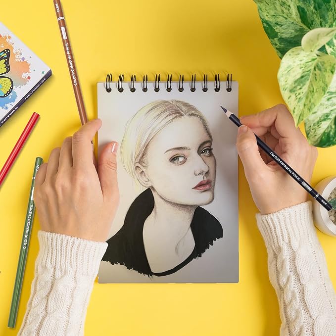 PANDAFLY Professional Colored Charcoal Pencils Drawing Set, 24 Colors | Skin Tone Colored Pencils, Pastel Chalk Pencils for Sketching, Shading, Coloring, Layering & Blending