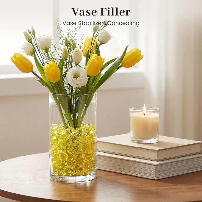 DomeStar Yellow Fake Ice Rocks, 150 PCS Acrylic Crystal for Vase Fillers
