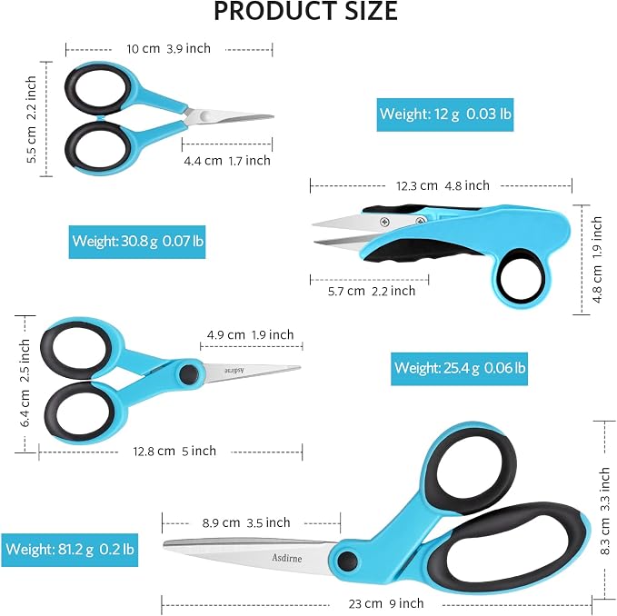 Asdirne Premium sewing Scissors Bundle, Perfect Sewing Partners, Sharp and Durable, Comfortable Handle, Contains 9”Fabric scissors, 5”Detail Shear, 3.9”Embroidery Scissors, 4.8”Thread Snips