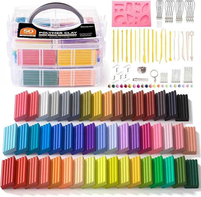 Shuttle Art Polymer Clay Kit, 50 Colors Oven Bake Clay for Kids with 19 Carving Tools and 10 Accessories, Non-Sticky, Non-Toxic, Ideal Gift for Kids