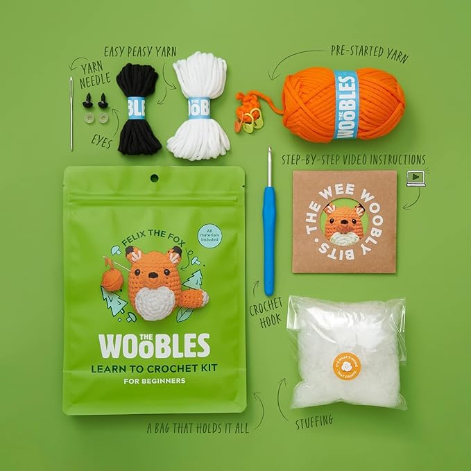 The Woobles Crochet Kit for Beginners (Felix the Fox) | As seen on Shark Tank, Kit includes: Easy Peasy Yarn, pre-started piece, hook, safety eyes, stuffing, video tutorials