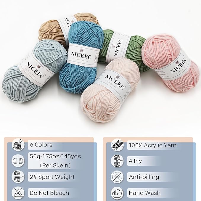 NICEEC 300g Soft Assorted Colors Yarn 100% Acrylic 870yds -Series 12