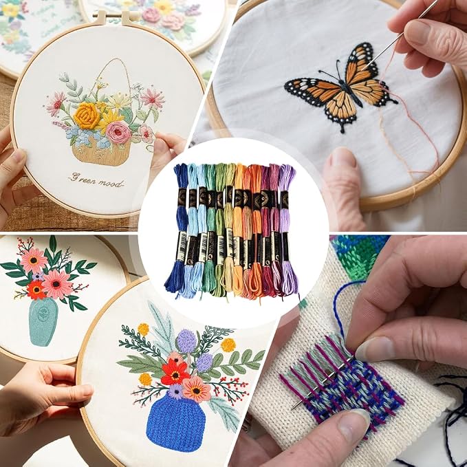 12 Skeins 105 Yards Colorful Cross Stitch Floss Embroidery Threads Polyester Friendship Yarn Rainbow 6 Ply Embroidered String for Sewing Making Bracelets Clothes Stitching Decor Craft DIY