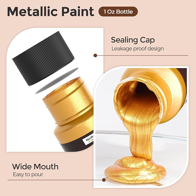 Nicpro 12 Colors Metallic Acrylic Paint Set, Gold Leaf Paint