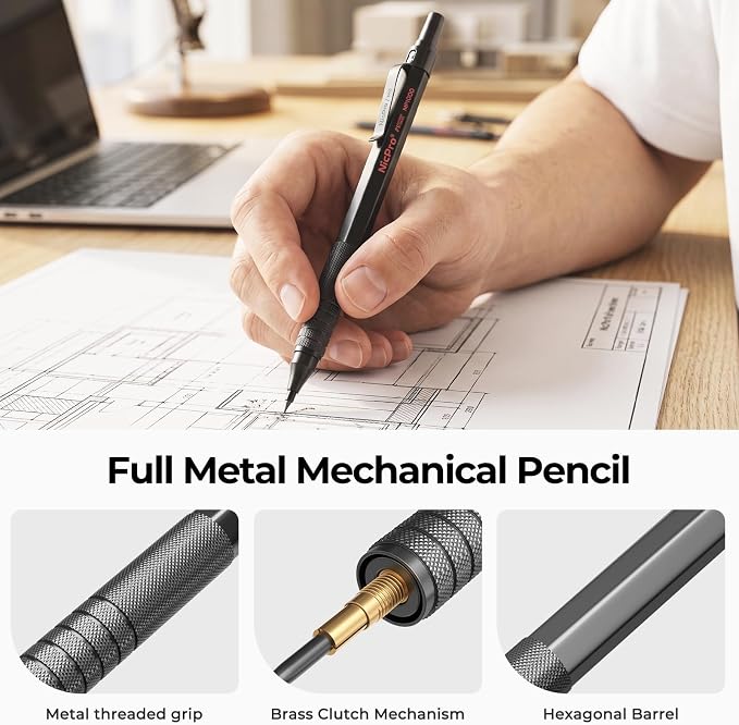 Nicpro 3 PCS Metal 2.0mm Mechanical Pencil Set with Case for Sketching