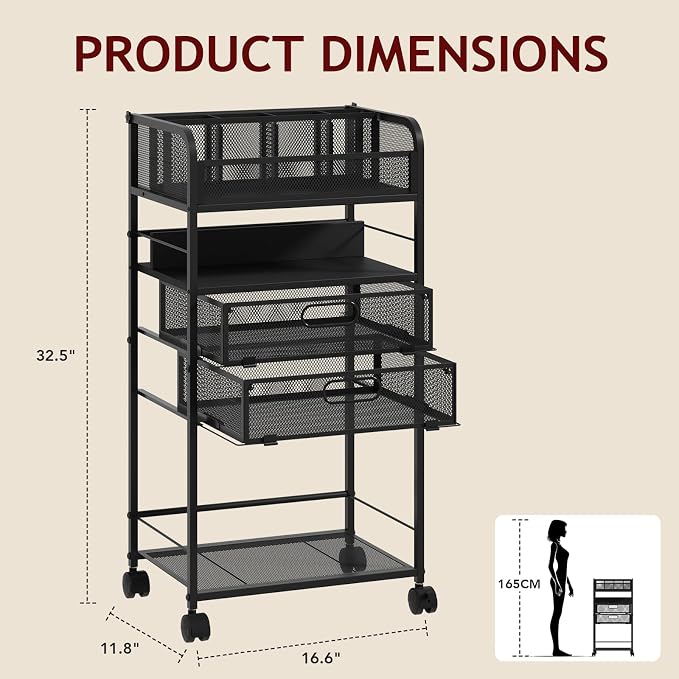 Homsorout Art cart, 5 Tier Rolling Cart - Utility Cart with Storage Drawer and Wheels, Versatile Art & Craft Organizer for Home, Office, or Studio Ideal for Storing Brushes, Paints （Black）