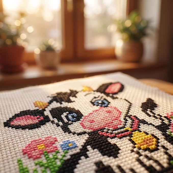 WUSARPLY Cow Stamped Cross Stitch Kits for Beginners Adults with Framed | Flowers and Grasses Needlepoint Counted Cross Stitch Kits for Beginners Adults Embroidery Kits Arts and Crafts 6 x 6 inch