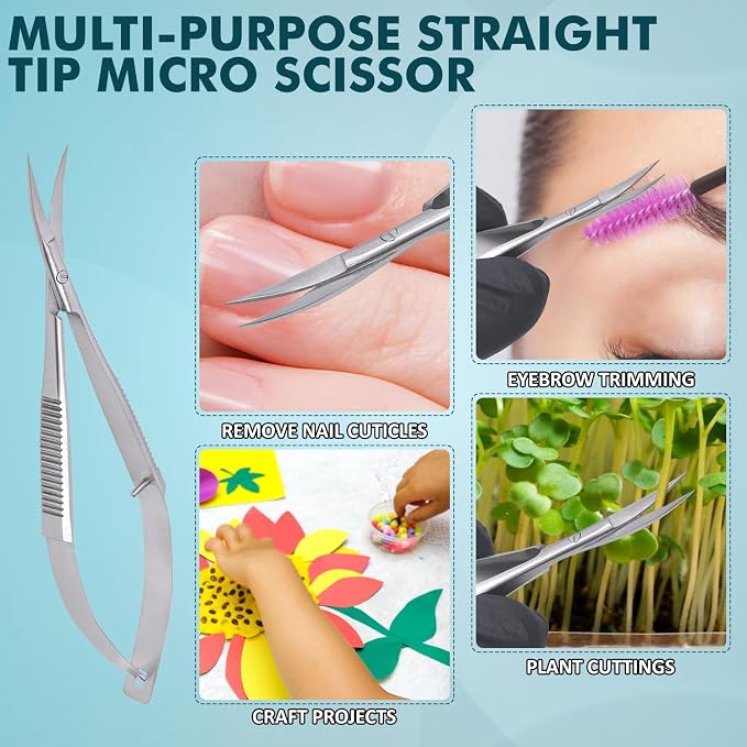 Micro Scissors 5.5" Curved Set of 3 Stainless Steel Embroidery Scissor Extra Sharp Sewing Arts & Craft Applique Stitch Cutting for Grooming Eyebrow Eyelash and Spring Action Squeeze Scissors.
