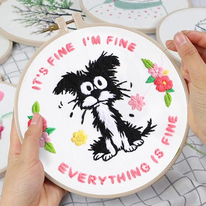 Louise Maelys Funny Dog Embroidery Kit for Beginners Floral Craft | Cross Stitch Kits with Pre-Printed Fabric, Embroidery Hoop, Threads, Needles and Guide. Needlepoint Kit for Beginners