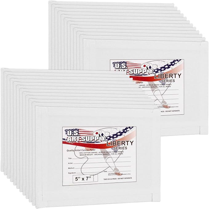 U.S. Art Supply 5 X 7 Inch Art Canvas Board Panels 24 Pack - 8 Ounce | Heavyweight Cotton Acid Free Canvases for Painting Acrylics and Watercolor (1 Case of 24 Single Canvas Painting Panels)