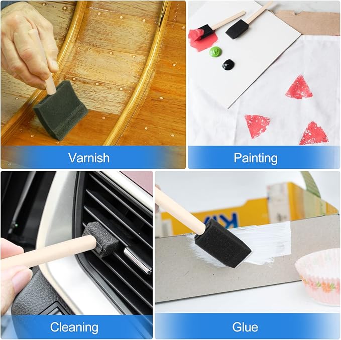 72 Pcs Foam Paint Brushes, Wood Handle Sponge Brushes for Staining, Varnishes, and DIY Craft Projects (1'', 2'' and 3'')