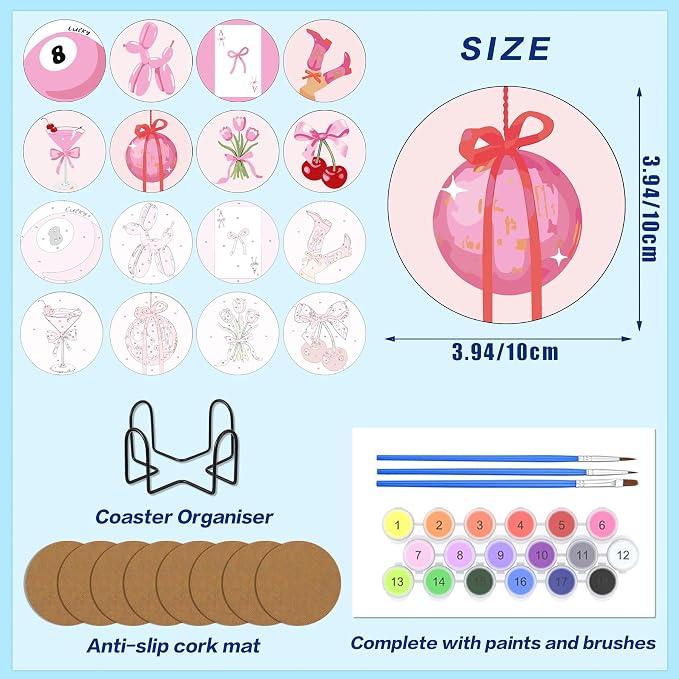 8 Pack Modern Paint by Numbers Kits Coasters with Holder Cork Pads | Pink Bow Paint by Number Kit for Adults Simple Round Oil Painting Coaster for Small DIY Craft Holiday Birthday Gift 3.9x3.9in