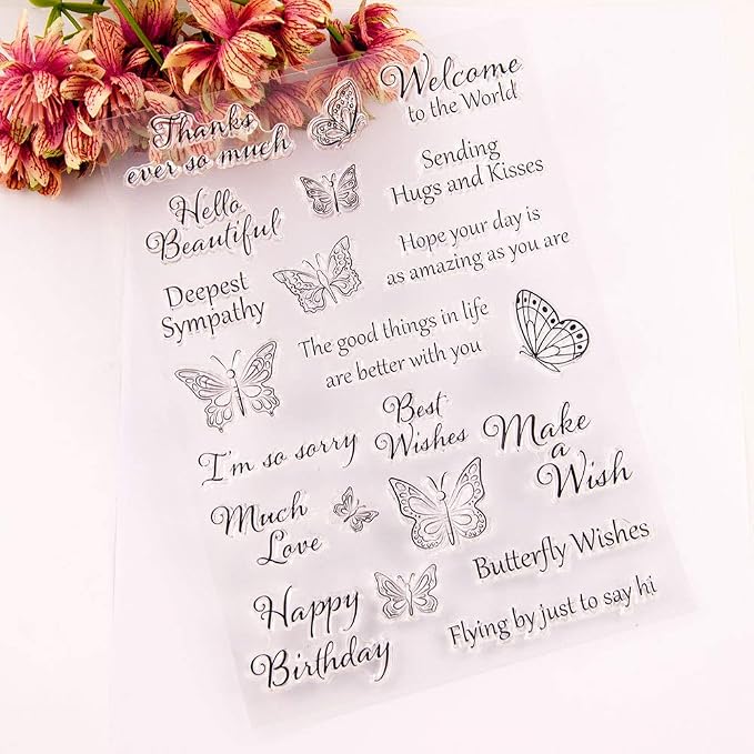 Words Clear Stamp Silicone Stamp Cards with Sentiments,Flowers,Butterfly,Greeting Words Pattern for Holiday Card Making Decoration and DIY Scrapbooking Album DIY Crafts