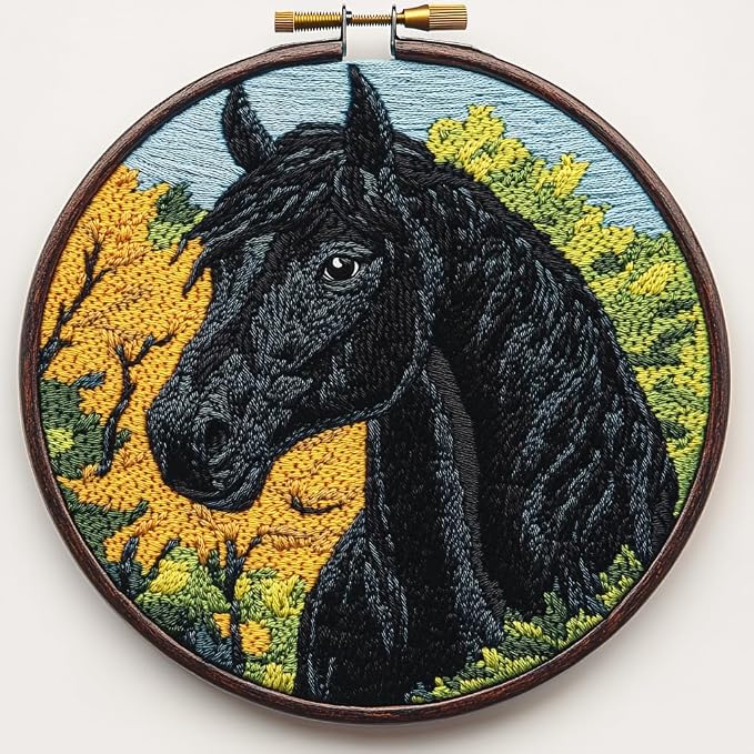 DIY Punch Needle Kits Cartoon Black Horse and Tree with Hoop 20x20cm-1 | with Pattern Stamped Easy for Beginners Embroidery Punch Needle Starter Craft Set for Adults Festival Gift and Decoration