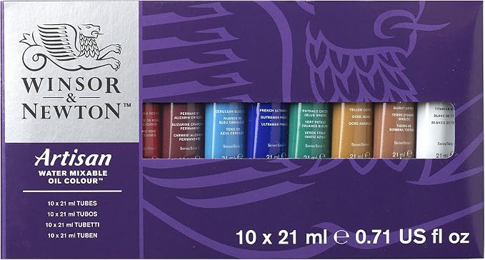 Winsor & Newton Artisan Water Mixable Oil Paint Set, 10 x 21ml Tubes | Clean with water; no solvents needed. Color depth, lightfastness, opacity/transparency are the same as traditional oils.