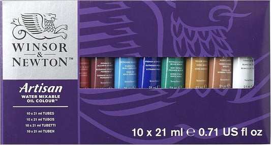 Winsor & Newton Artisan Water Mixable Oil Paint Set, 10 x 21ml Tubes | Clean with water; no solvents needed. Color depth, lightfastness, opacity/transparency are the same as traditional oils.