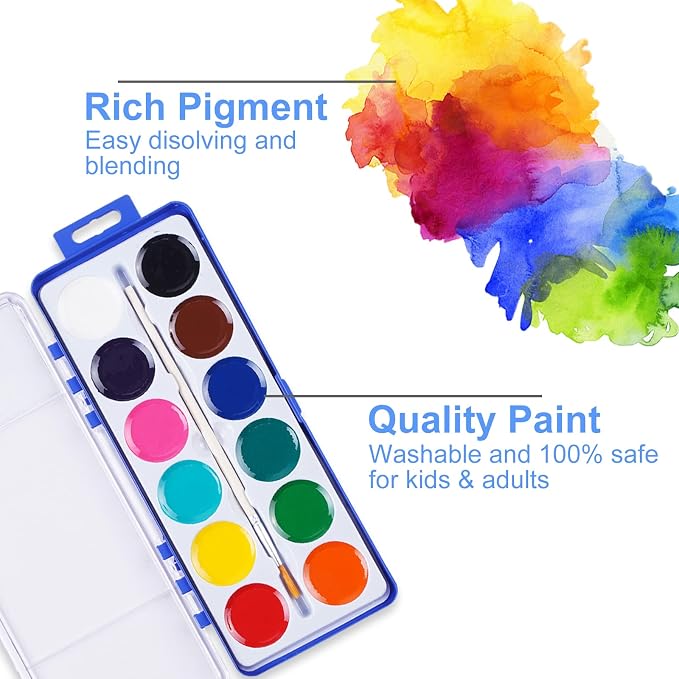 Watercolor Paint Set for Kids, 12 Colors, 24 Pack Washable Water Colors for Party Favors, Gifts, Classroom Supplies (Wood Brushes Included) | Washable Water Colors for Party Favors, Gifts, Classroom Supplies (Wood Brushes Included)