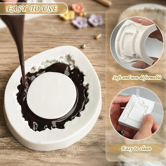 HKNMTT Picture Frame Molds Silicone Baroque Vintage for Fondant Candy Clay Covered Oreo Cake Photo Decorating Cupcake Toppers, 4 Shaped Round Square Frame Moulds Craft DIY Supplies Set