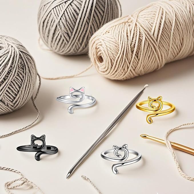 4PCS Adorable Crochet Rings with 7PCS Cat Stitch Markers and 20PCS Stitch Needle Clip Counter,Adjustable Tension Rings for Finger Accessories and Gadgets,Ideal Yarn Guide Ring Knitting Tools for Women