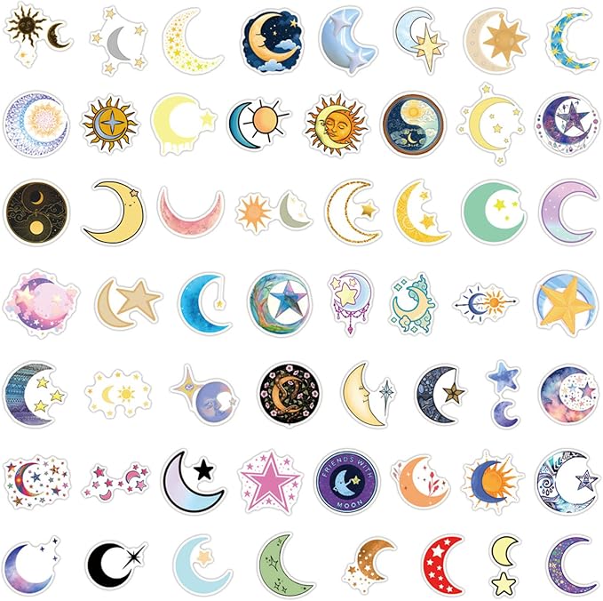 55pcs Moon and Star Stickers, Decals Vinyl Waterproof Stickers for Water Bottle Laptop Luggage Helmet Skateboard Snowboard Guitar Scrapbook Phone Gifts for Teens Girls Kids Adult (Colourful-F6)