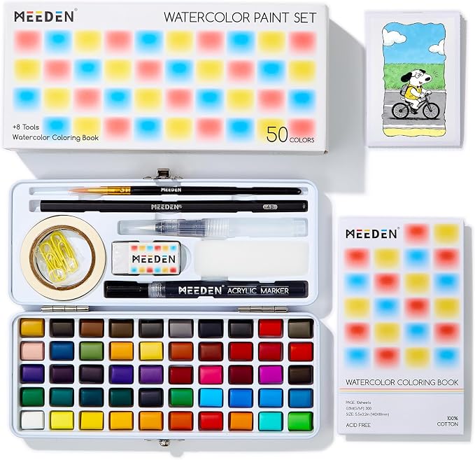 MEEDEN Travel Watercolor Paint Set: 50 Colors with Brushes & Coloring Book