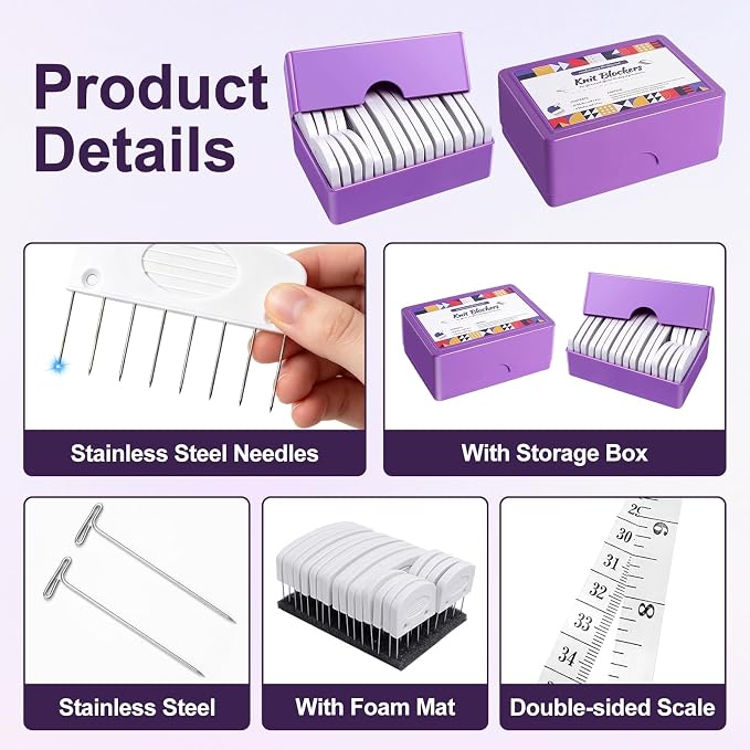 20PCS Knit Blocking Pins Kit, Knit Blocking Combs with 100 T Pins & Measuring Tape, Knitting Block Tool for Knitting, Crochet, Lace & Needlework Projects, Blocking Mats Compatible