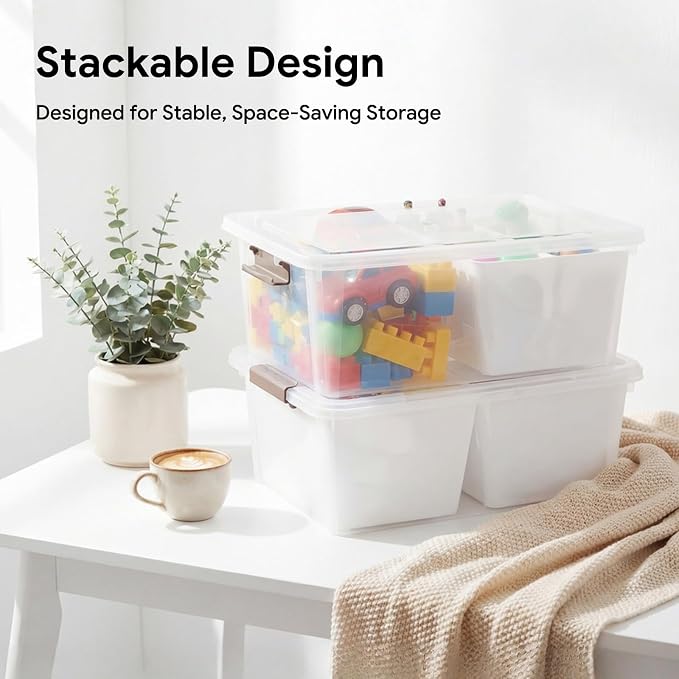 MACOPRO 17QT Craft Storage Box with 2 Removable Caddy Trays, Clear Stackable Plastic Organizer with Lid for Art Supplies, Beads, Sewing Tools, Pens & Kids Toys (White, 1Pack-2-in-1)