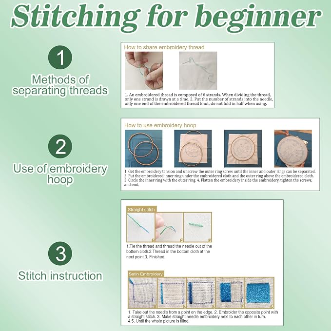 Mindsoft 3 Set Needlepoint Kit for Beginners with Hoop,Garden Mouse | Bamboo Hoop Thread Needles Instructions, Easy Hand Embroidery for Beginners Home Crafts,Pre-stamped Funny Cute Designs