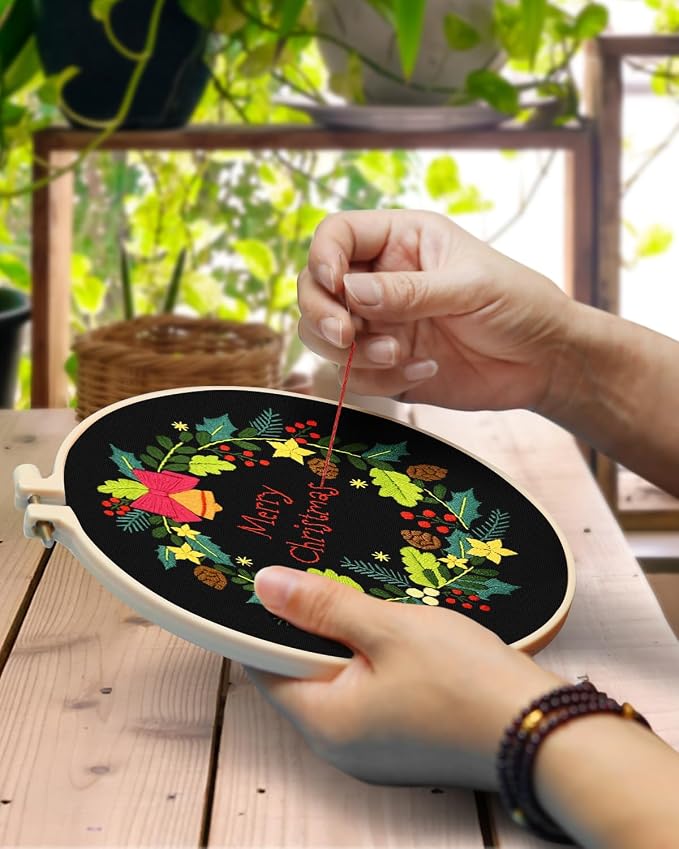 TINDTOP Christmas Embroidery Kit for Adult, Embroidery DIY Starter Kit | 4 Pack with Stamped Patterns, Hoop, Tools, Colorful Threads with Needles, Instructions
