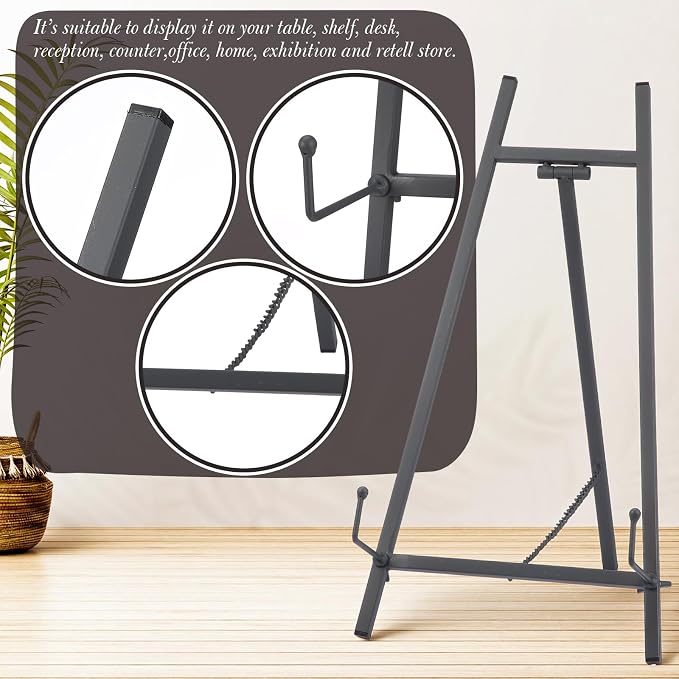 Leinuosen Metal Easel Stand 16.5" H x 8.7" W x 4.3" D Table Top Easel Stand for Display Tripod Art Picture Mirror Modern Plate Holder for Display Book Photo Wedding Sign (Grey,1 Pcs)