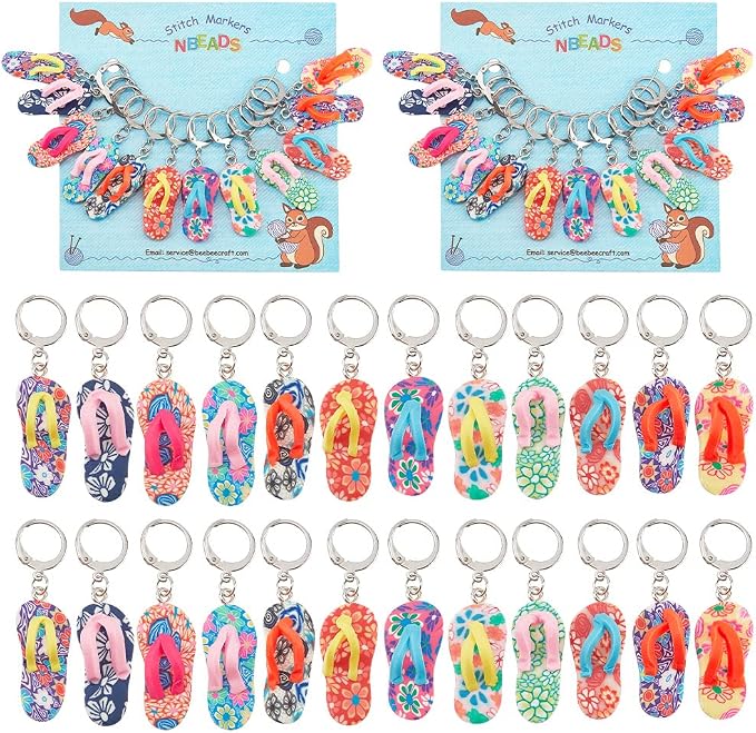 NBEADS 24 Pcs Beach Shoe Stitch Markers, Handmade Polymer Clay Crochet Stitch Marker Charms with 304 Stainless Steel Clasp for Crochet Weaving Sewing Accessories Jewelry Making
