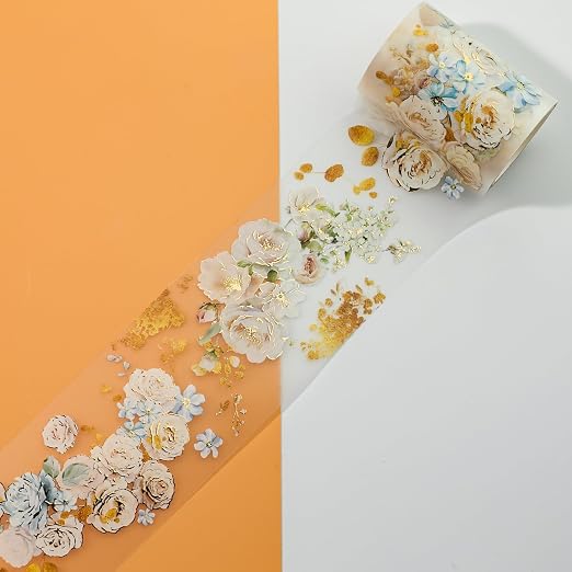 Floral PET Washi Tape Set - 6 Roll Wide PET Tape for Scrapbook Supplies,Character Decorative Girls Sticker,Flower Stickers, Bullet Journals Materials,Planner Arts Craft Collage