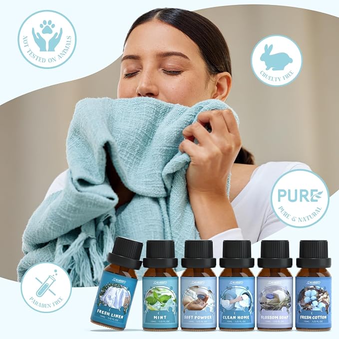 SALUBRITO Clean Diffuser Oils Set, Premium Essential Oils Set for Diffuser, Candle, Soap Making, Fresh Cotton, Clean Home, Fresh Linen, Soft Powder, Blossom Soap, Mint, Fragrance Oil