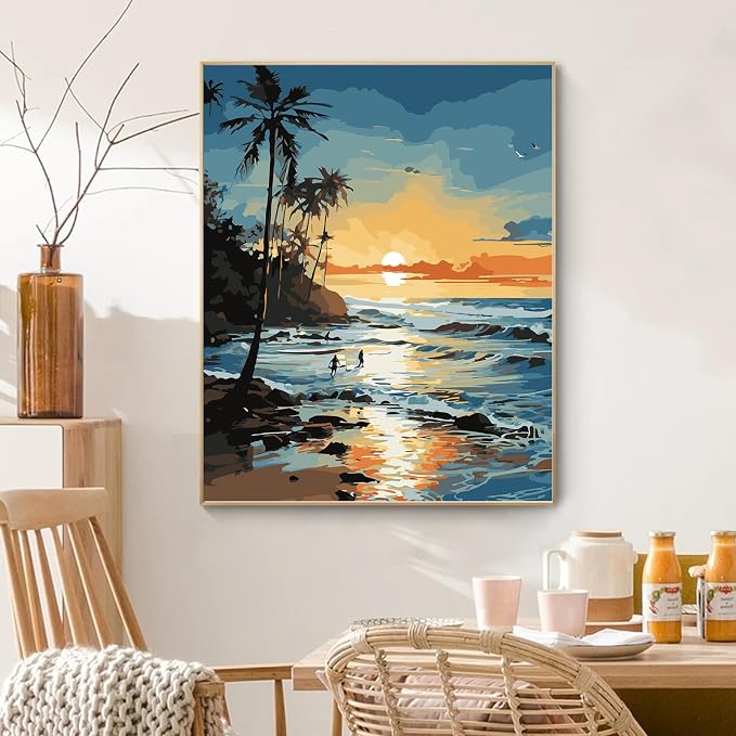 PRASIO Paint by Numbers Kit for Adults Beginner, Beach Paint by Number, DIY Acrylic Adult Paint by Number Kits on Canvas for Home Decor Gift 16x20 Inch