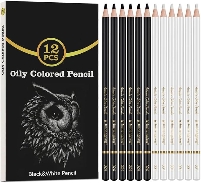 White and Black Color Pencils Drawing Set, 6 pcs White and 6 pcs Black Colored Sketching Pencils for Drawing, Sketching, Shading, Blending for Beginners & Artists