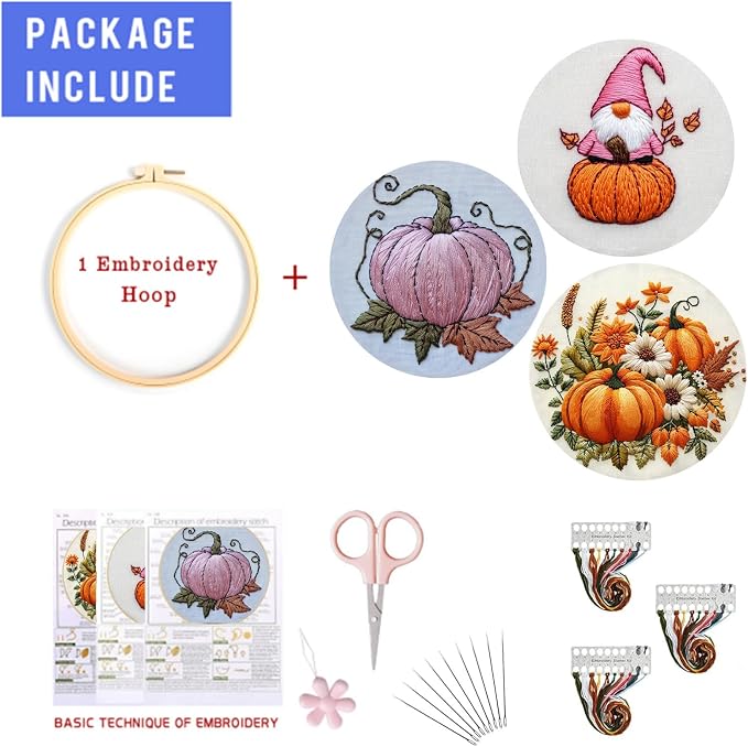 LB Pink Fall Embroidery Kit for Beginners Adults, 3 Sets Hand Embroidery Starter Kit with Gnome Pattern and Instructions Stamped Cross Stitch Kits Include Embroidery Hoop Needles Threads Scissors