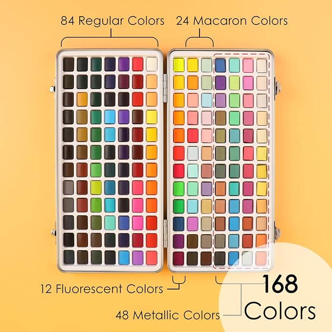 Grabie Set of 168 Color Watercolor Paint Set with Coloring Book | Water Brushes And Drawing Pencil, High Pigment Paints, Smooth Blending, Portable Storage Case, Watercolor Painting