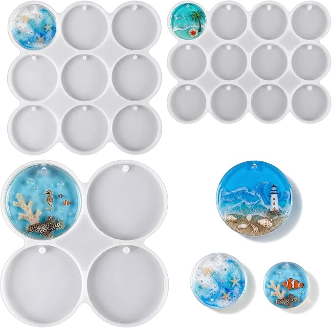 3 Pcs Circle Silicone Molds, 25 Cavity Round Resin Molds, Drilled Circle Molds for DIY Earrings, Keychains, Pendants, Pet Tags