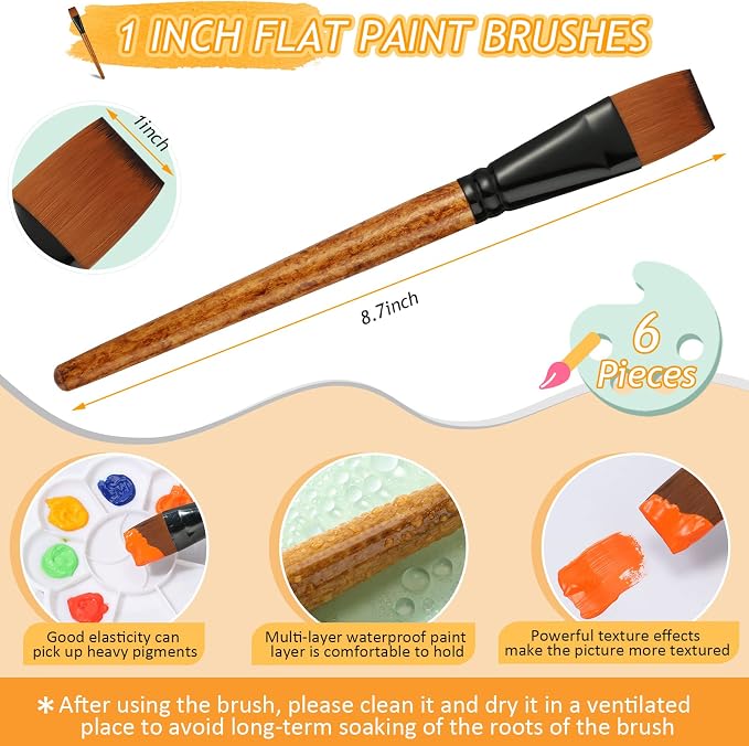 Meanplan 6 Pcs Flat Paint Brushes Bulk 1 Inch Paint Brushes for Acrylic Painting Watercolor Acrylic Synthetic Nylon Craft Artist Brush for Oil Fine Crafts Face Body Art Painting(6 Pcs)